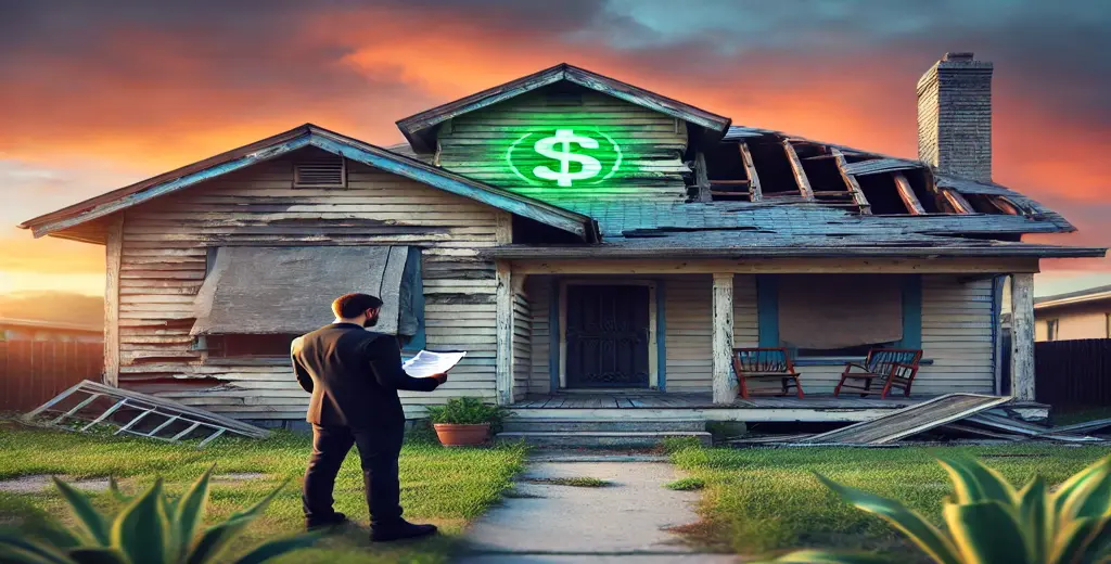 A Texas home in visibly poor condition with cracked walls, roof damage, and neglected landscaping. A cash buyer is offering paperwork to the homeowner, highlighting the ease of selling a house as-is without repairs.