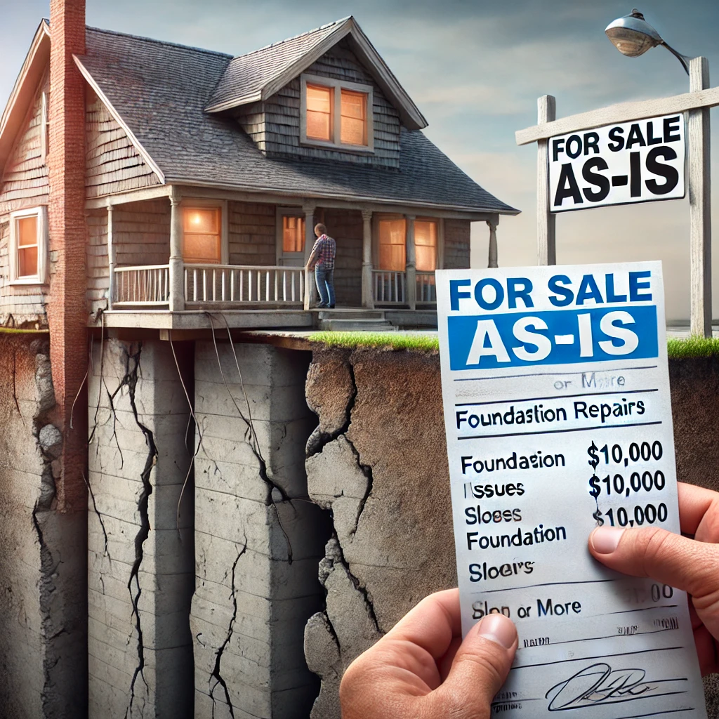 A_Texas_home_with_visible_foundation_issues Texas home with visible foundation issues, including cracks in the walls, and a person holding a $10,000+ repair bill. A 'For Sale As-Is' sign is displayed, representing the option to sell the house without making costly foundation repairs.