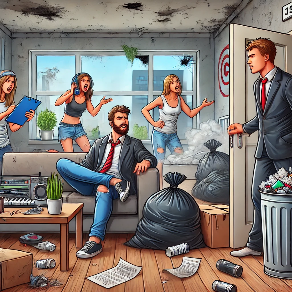 A_scene_showing_a_landlord_dealing_with_troublesome_tenants A frustrated landlord dealing with disruptive tenants in a messy rental property, showing piles of trash, loud music, property damage, and overall neglect.