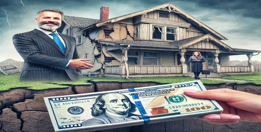 A homebuyer offering a cash deal to a homeowner in front of a house with visible foundation issues, such as cracks in the walls and uneven ground, highlighting the ease of selling a house with foundation problems for cash.