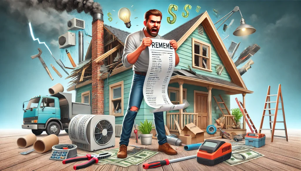 A frustrated landlord holding a bill for expensive repairs like a broken roof and HVAC system, with tools and repair materials scattered around a worn rental property, highlighting the financial burden on rental property profits.