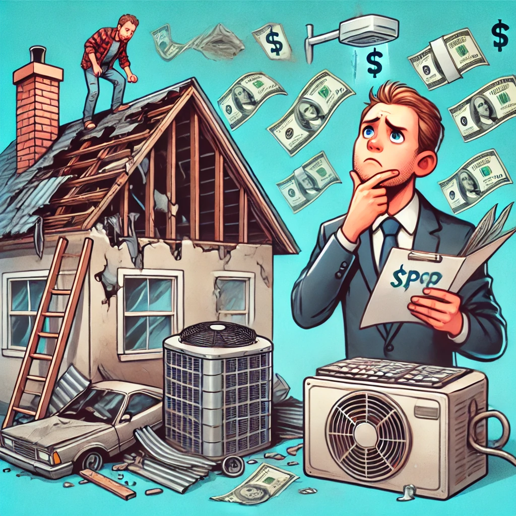 Landlord_facing_major_repairs_and_financial_strain A stressed landlord assessing major repairs like a broken roof, structural damage, and an outdated HVAC system, reflecting the financial burden of unexpected expenses that reduce rental property profits.