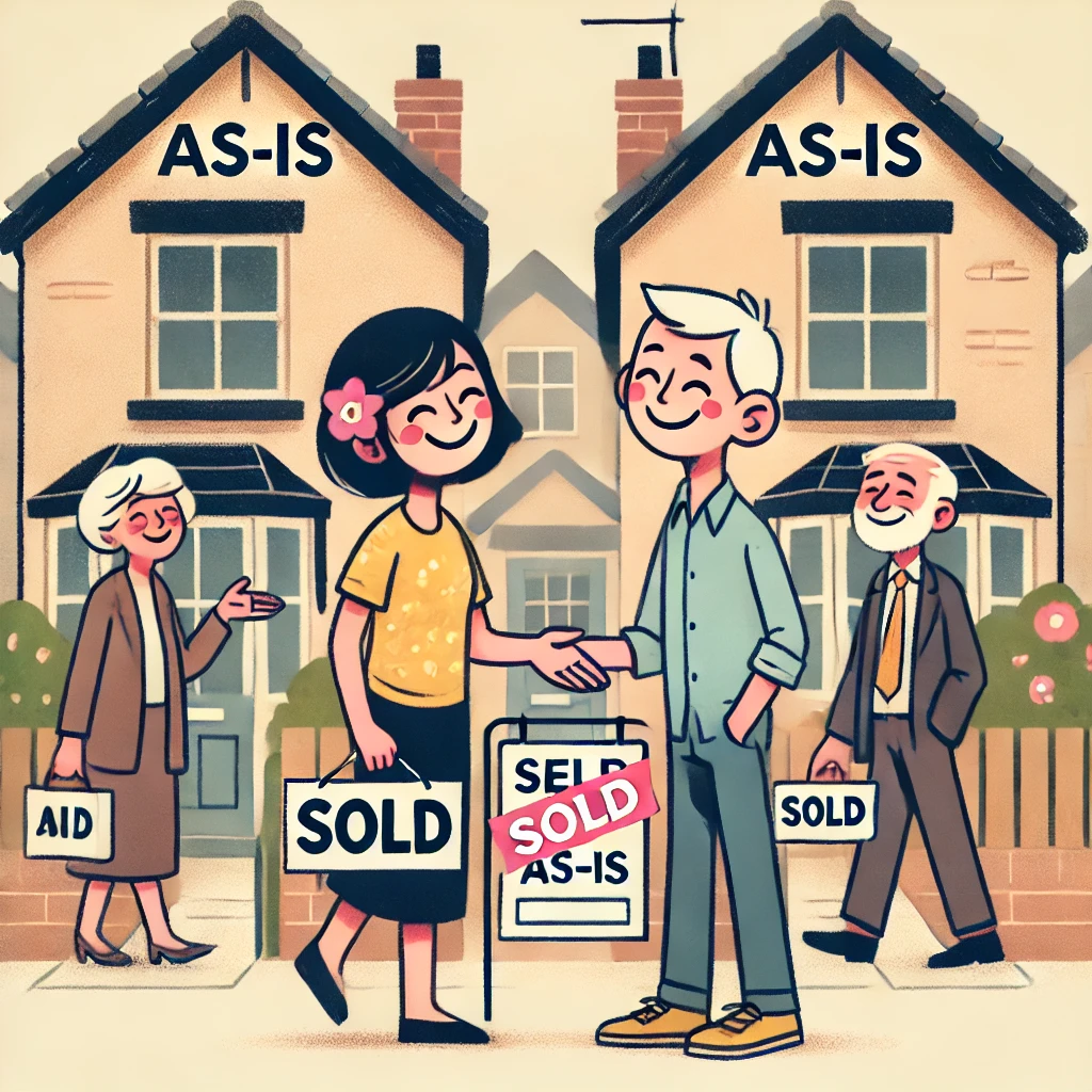 Landlords_finding_relief_by_selling_properties_as_is Landlords happily walking away from worn rental properties with 'Sold' signs, representing the peace of mind and financial relief from selling as-is without making repairs