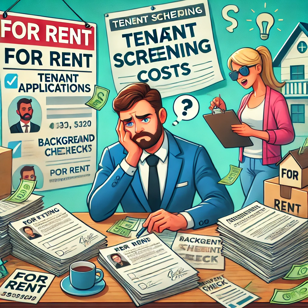 Marketing_and_tenant_screening_costs_for_rental_properties A frustrated landlord at a desk filled with rental listings, tenant applications, and background checks, reflecting the financial burden and emotional stress of marketing and tenant screening costs, as well as frequent tenant turnover.