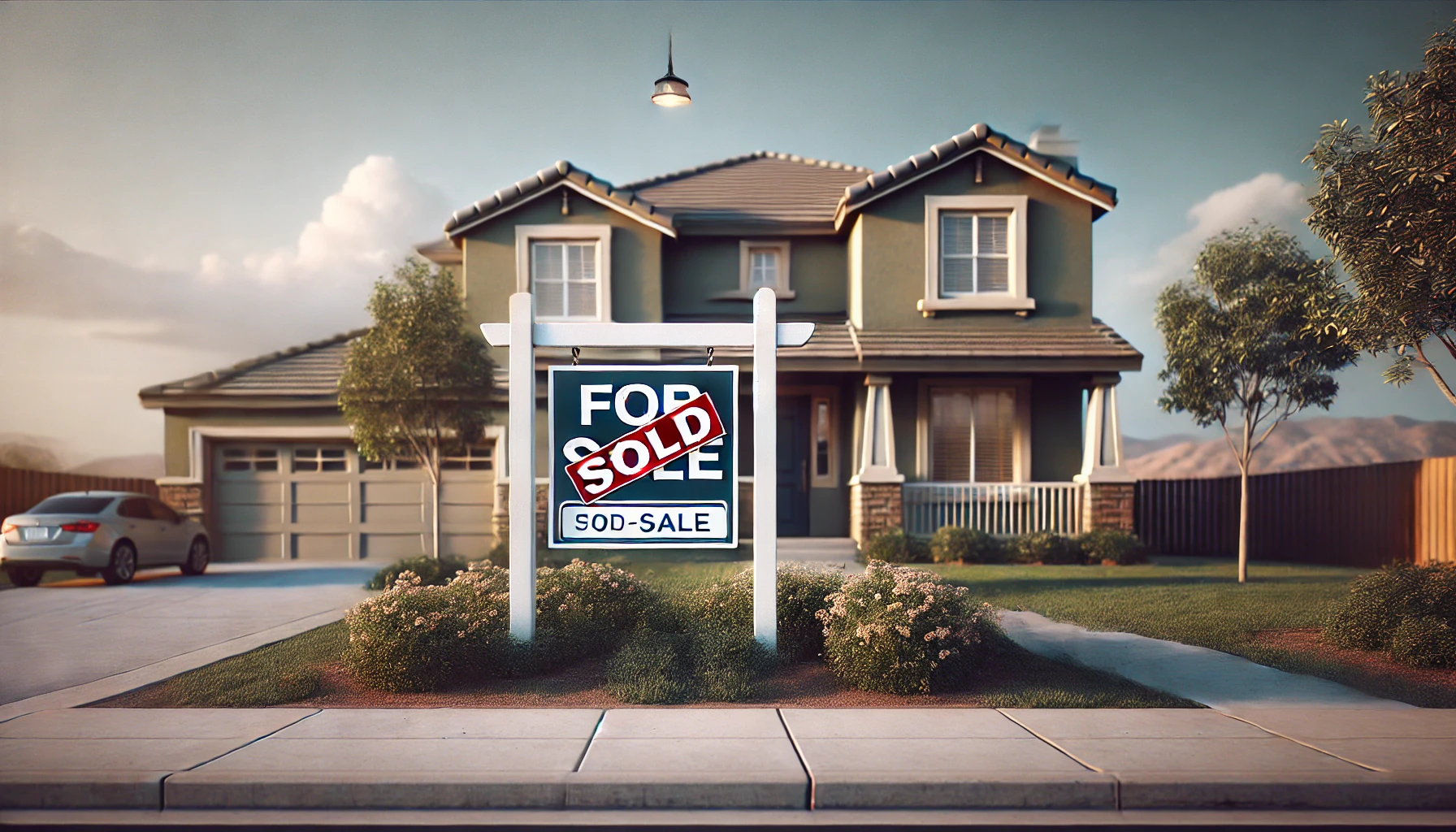 Sell your house fast blog Wide view of a suburban home with a 'Sold' sign in the front yard, representing a successful and quick home sale. Perfect for a real estate blog about selling houses fast.
