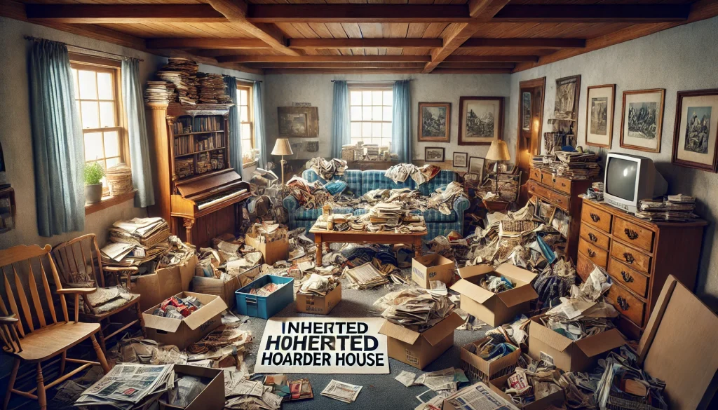 A cluttered living room in an inherited hoarder house, filled with old furniture, stacks of newspapers, and scattered items, illustrating the challenges of selling such a property quickly.