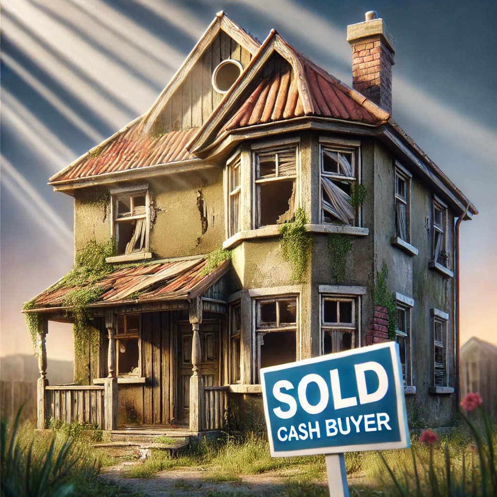 Vacant_House_Sold_As_Is A worn-out vacant house with peeling paint, broken windows, and overgrown weeds. A 'Sold' sign for a cash buyer is in front, symbolizing a quick sale without the need for repairs or renovations.