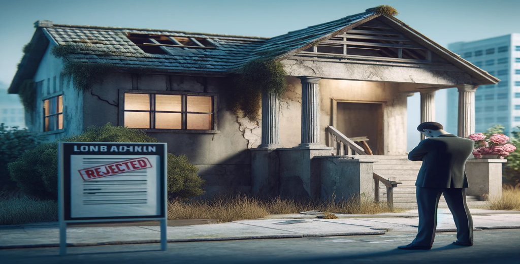 A distressed homeowner standing in front of a house with visible structural damage, holding a rejected bank loan application. The image highlights the difficulties of getting loan approval for homes in poor condition, with a bank building in the background and a sense of frustration in the homeowner's expression.