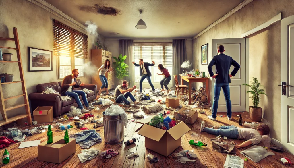 Bad tenants arguing and causing damage in a cluttered rental property, with a frustrated landlord nearby, highlighting the stress and challenges landlords face managing troublesome tenants.