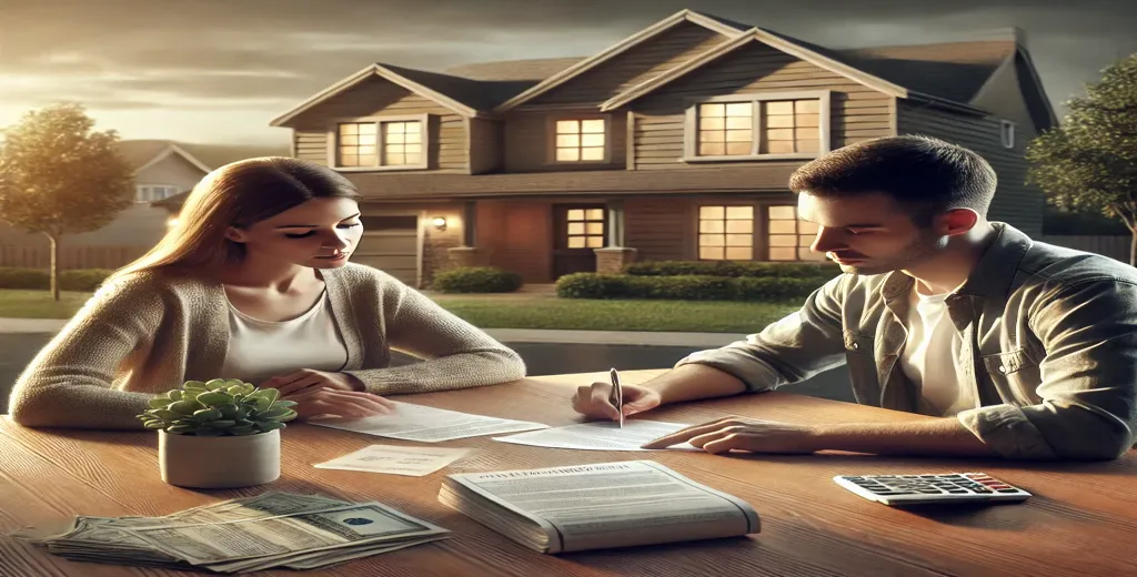 couple sitting at a table reviewing homeownership documents, with a modest suburban family home in the background, symbolizing the emotional and practical decision-making process of dividing home equity after divorce.