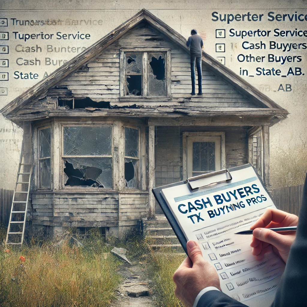 distressed-home-inspection-real-estate-investor dallas tx A local real estate investor inspecting a distressed home in Dallas, TX, with a clipboard in hand. The home shows signs of neglect, including broken windows and cracked walls. TX Home Buying Pros offers a transparent process to help homeowners sell homes in any condition quickly and with ease.