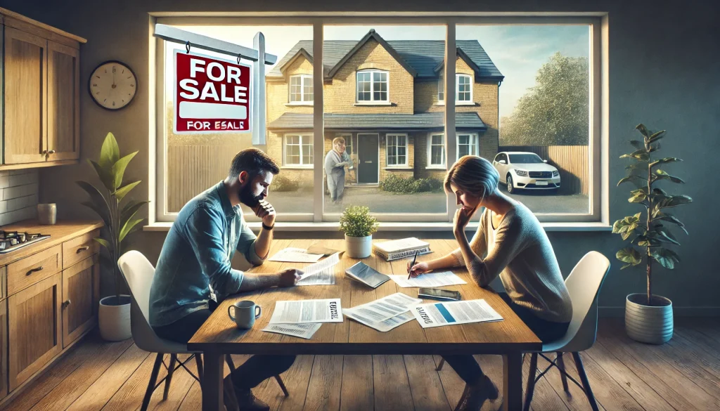 couple sitting at a table with home documents, emotionally distant, and a 'For Sale' sign visible outside. The image conveys the financial and emotional challenges of dividing home equity after divorce,