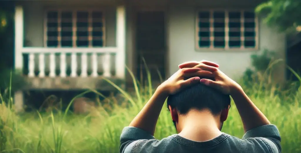 A person standing in front of a slightly worn, vacant home, holding their head in their hands to symbolize the emotional burden of owning the house. The image subtly suggests the relief that comes from selling the property.