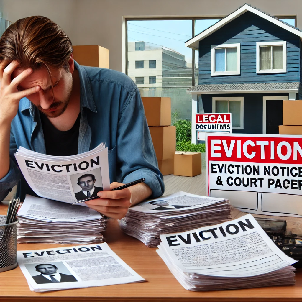 frustrated_landlord_eviction_legal_documents A frustrated landlord dealing with eviction notices and court documents, highlighting the financial and emotional burden of legal options like eviction and lease enforcement.
