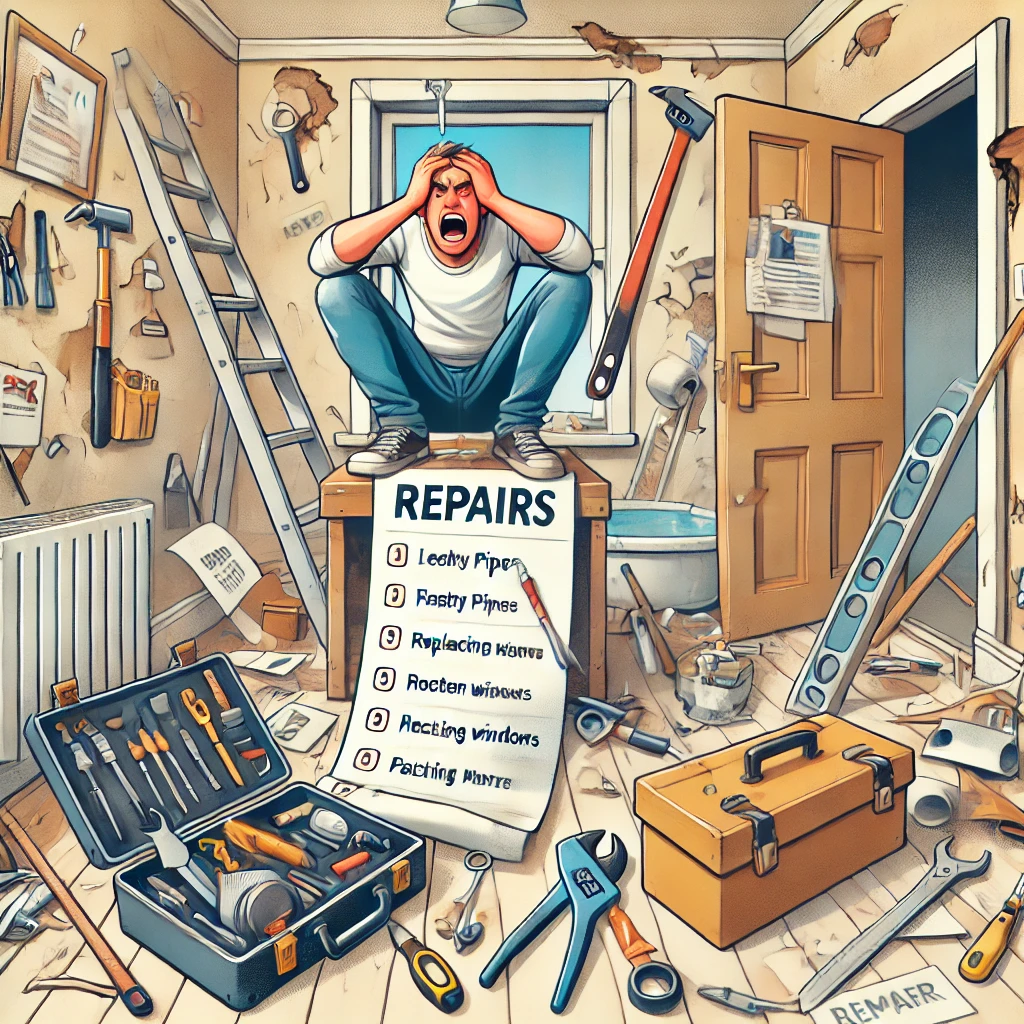 frustrated_landlord_struggling_with_repairs frustrated landlord surrounded by tools and repair materials, struggling to keep up with repairs on a worn rental property, conveying the stress of managing multiple tasks.