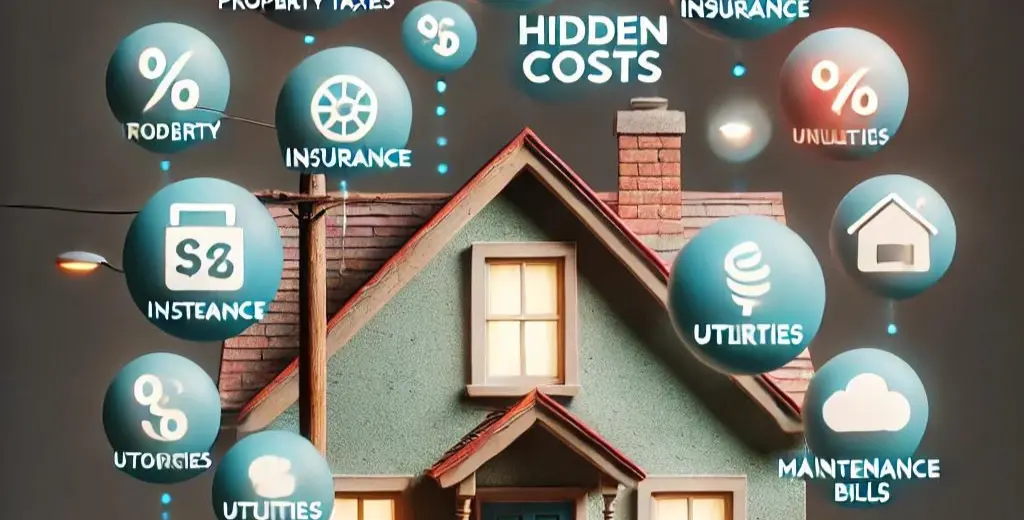 A vacant house surrounded by symbols representing hidden costs such as property taxes, insurance, utilities, and maintenance bills, emphasizing the financial burden of keeping the property vacant.