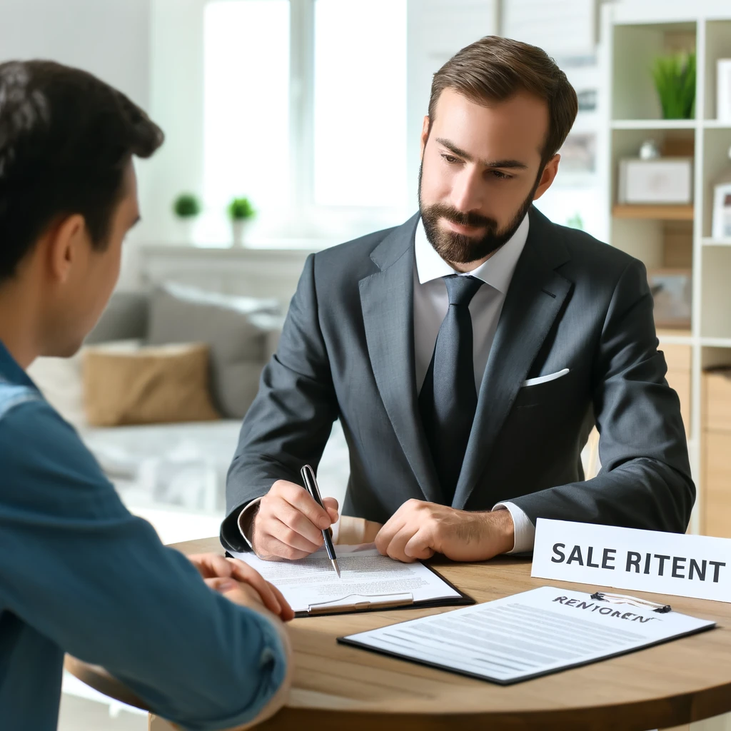 landlord_talking_to_tenant_property_sale. Landlord discussing a property sale with a tenant, with sale contract and rental agreement on the table, symbolizing the process of selling a rental property with tenants.