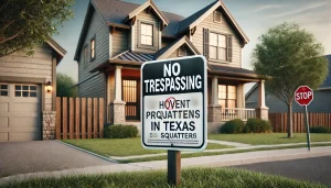 house with a 'No Trespassing' sign in front, representing property protection measures to prevent squatters in Texas.