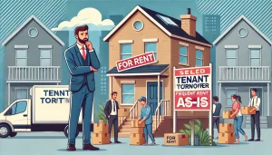 A concerned landlord standing in front of a rental property with a 'For Rent' sign as tenants move out, representing the financial strain and challenges of frequent tenant turnover.