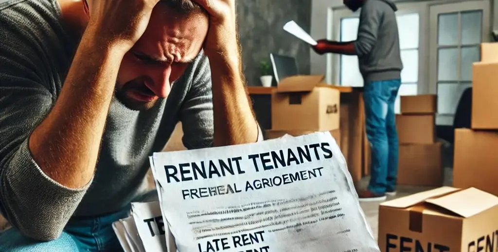 A frustrated landlord holding rental agreements in a cluttered, worn-down rental property, representing the emotional toll of dealing with problematic tenants and rental property issues.