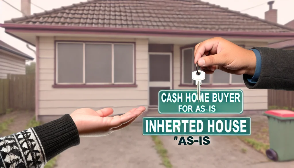 A modest inherited home in need of repairs with a seller handing over the keys to a cash home buyer. The image conveys the ease and speed of selling an inherited property for cash in as-is condition, set in a suburban neighborhood.