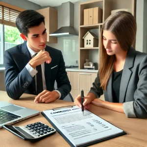real estate agent explaining commission fees, market conditions, and property value to a home seller.
